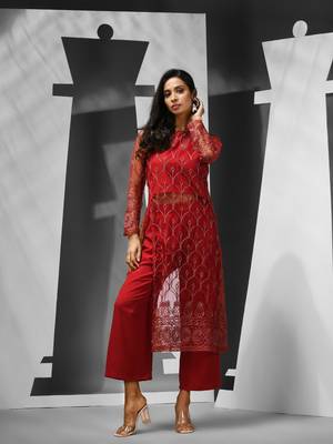 Red georgette kurta set with floral embroidery 1