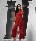 Red georgette kurta set with floral embroidery