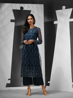 Teal georgette kurta palazzo set with floral embroidery 1