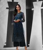 Teal georgette kurta palazzo set with floral embroidery