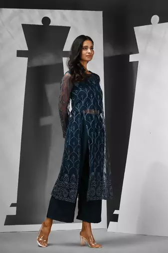 Teal georgette kurta palazzo set with floral embroidery