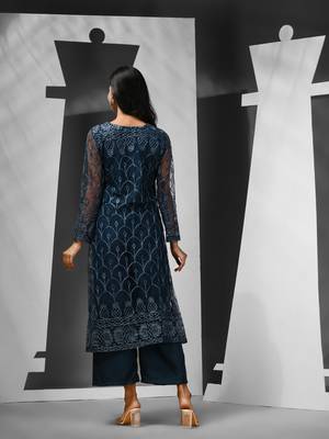 Teal georgette kurta palazzo set with floral embroidery 3
