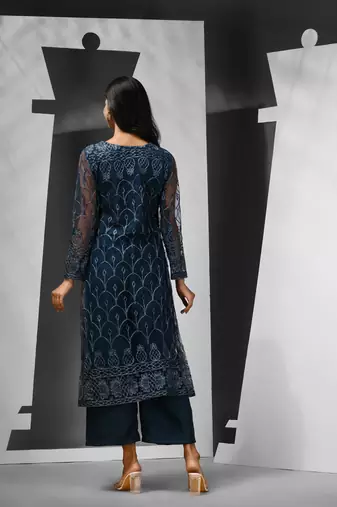 Teal georgette kurta palazzo set with floral embroidery
