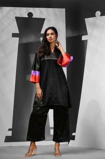 Black satin kurta palazzo set with colourblocked cuffs