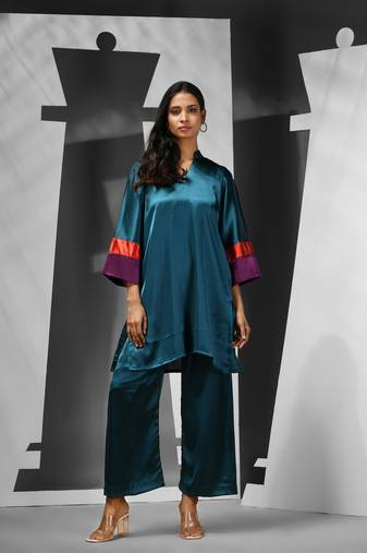 Teal satin kurta palazzo set with colourblocked cuffs