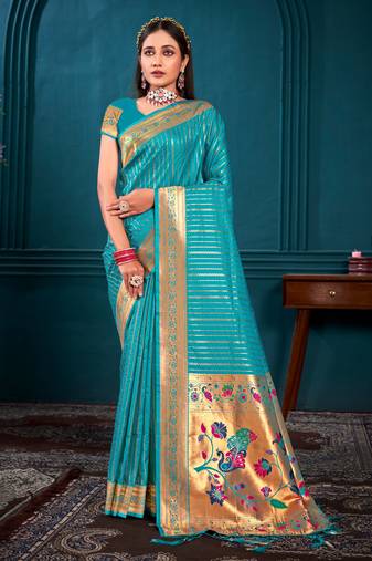 Sangam Prints Turquiose Paithani Silk Woven Work Traditional Tassels Saree