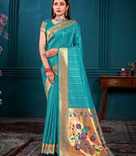 Sangam Prints Turquiose Paithani Silk Woven Work Traditional Tassels Saree