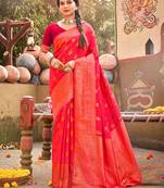 Peach Banarasi silk blend Woven Work Traditional Tassels Saree