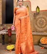 Sangam Prints Peach Silk Woven Work Traditional Tassels Saree