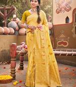 Sangam Prints Yellow Silk Woven Work Traditional Tassels Saree
