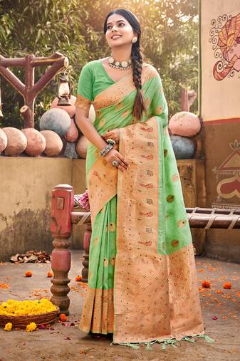 Sangam Prints Green Silk Woven Work Traditional Tassels Saree