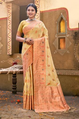 Sangam Prints Cream Silk Woven Work Traditional Tassels Saree