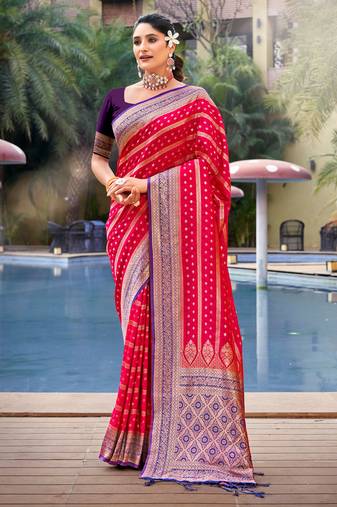 Sangam Prints Red Banarasi silk blend Woven Work Traditional Tassels Saree