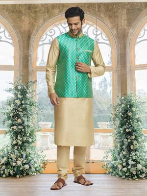Green art silk jacket kurta for men's 2