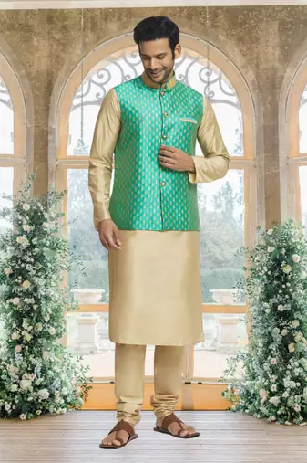 Green art silk jacket kurta for men's