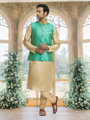 Green art silk jacket kurta for men's 3
