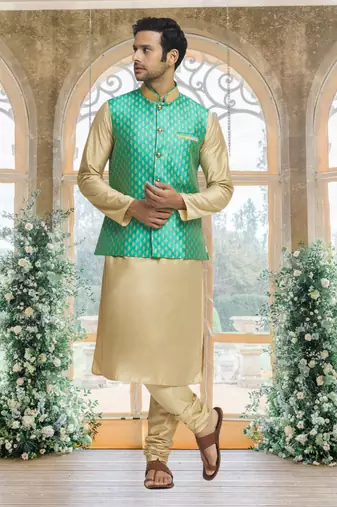 Green art silk jacket kurta for men's