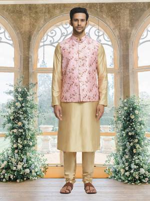 Pink art silk jacket kurta for men's 1