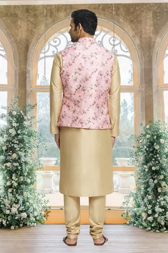 Pink art silk jacket kurta for men's