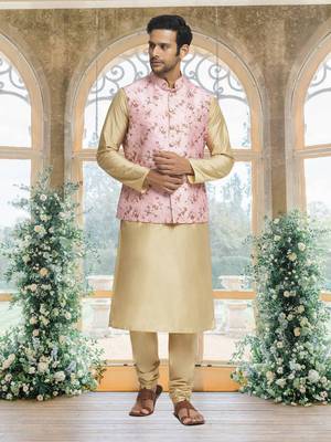 Pink art silk jacket kurta for men's 3