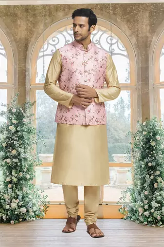 Pink art silk jacket kurta for men's