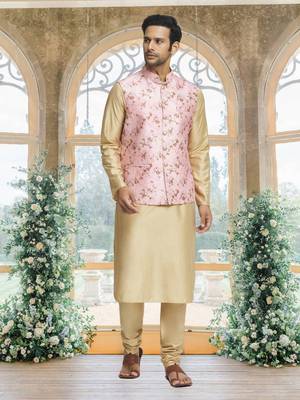 Pink art silk jacket kurta for men's 4