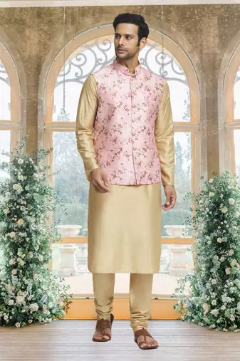 Pink art silk jacket kurta for men's