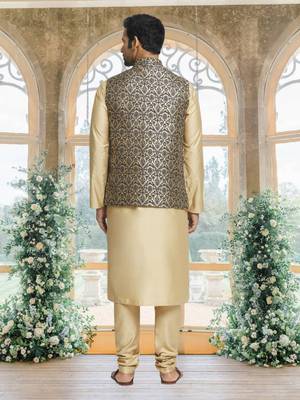 Gold art silk jacket kurta for men's 3