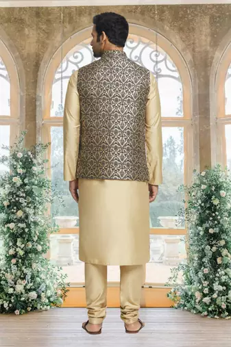 Gold art silk jacket kurta for men's