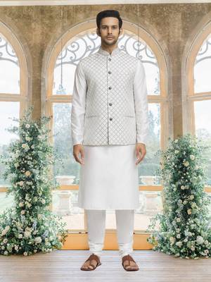White art silk jacket kurta for men's 1