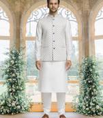 White art silk jacket kurta for men's