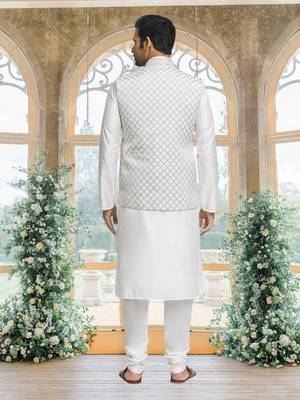 White art silk jacket kurta for men's 2