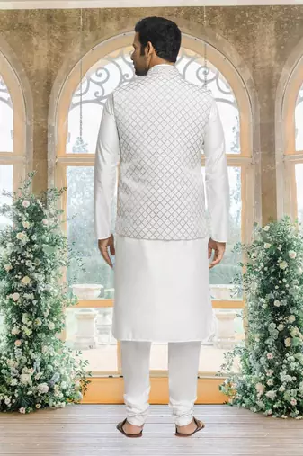 White art silk jacket kurta for men's