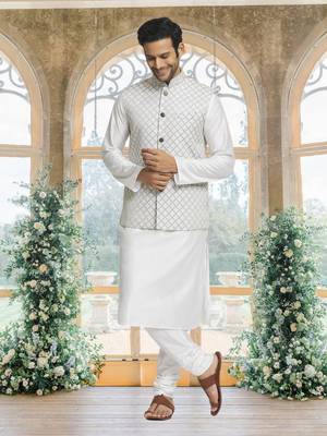 White art silk jacket kurta for men's 3
