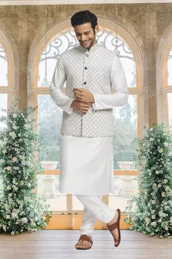 White art silk jacket kurta for men's