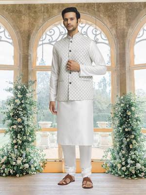 White art silk jacket kurta for men's 4