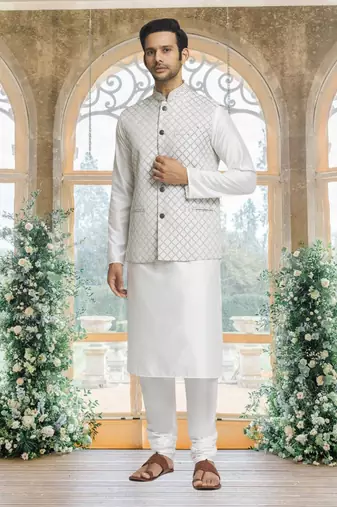 White art silk jacket kurta for men's