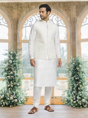 White art silk jacket kurta for men's 3