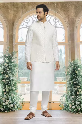 White art silk jacket kurta for men's