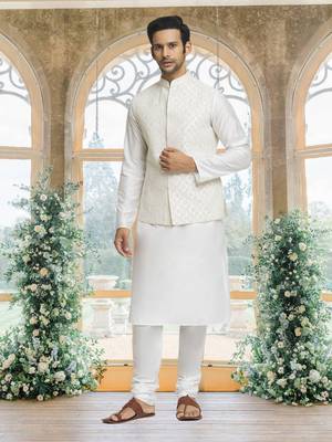White art silk jacket kurta for men's 4