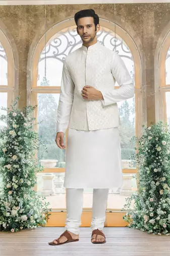 White art silk jacket kurta for men's