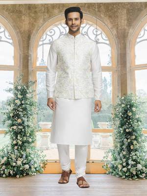 White art silk jacket kurta for men's 3