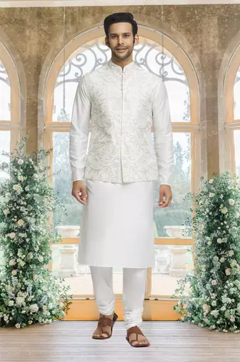 White art silk jacket kurta for men's