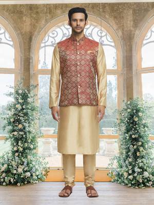 Maroon art silk jacket kurta for men's 1