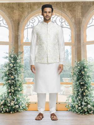 White art silk jacket kurta for men's 4