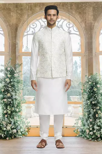 White art silk jacket kurta for men's