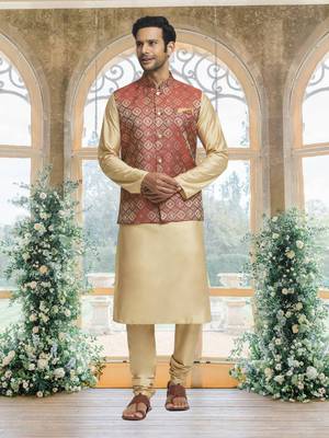 Maroon art silk jacket kurta for men's 2