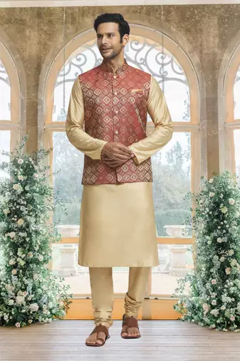 Maroon art silk jacket kurta for men's