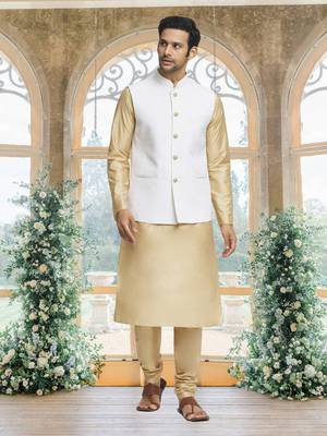 White art silk jacket kurta for men's 4