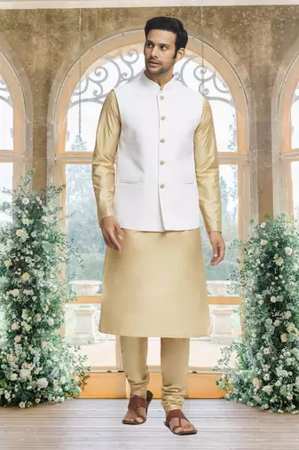 White art silk jacket kurta for men's